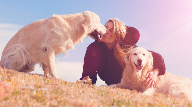 Perros graciosos. Golden retriever. Mujer joven y sus mascotas pasando un rato divertido al aire libre