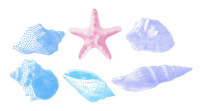 Set of Seashells on white background, seashells in Pointillism style, Vector illustration