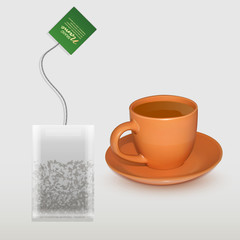 Realistic Cup of tea and shaped tea bag mock up. Isolated on white background, Element for design, advertising, packaging.