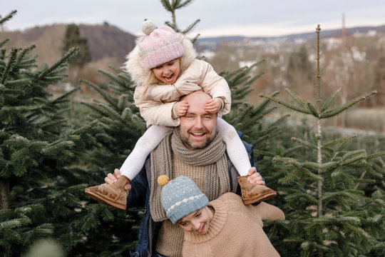 Portrait of happy father with two children on a Christmas tree plantation