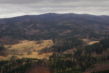 View of Rudawy janowickie from the mountain Sokolik in Sudety in Poland