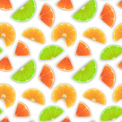 Seamless Endless Pattern with Print of Fresh orange slices, lime and lemon in cartoon style on white background. Can be used in food industry for wallpapers, posters. Vector illustration