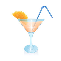 Cocktail with orange slice and with Straw for beverage, cocktail in cartoon style on white background