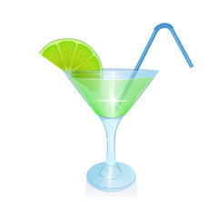 Cocktail with lime slice and with Straw for beverage, cocktail in cartoon style on white background, Vector EPS 10 illustration