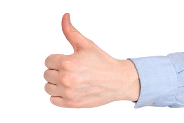 male hand on a white background shows like. Copy space