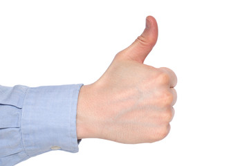 male hand on a white background shows like. Copy space