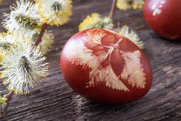 Easter eggs dyed with onion peels on a table