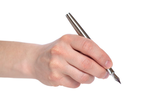 Male Hand Hold Metall Feather Pen. Isolated On White Background. Copy Space, Template. Side View. Conclusion Of A Contract Conception