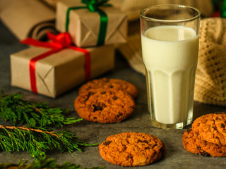 milk and fresh cookies, sweet snack dessert. top view. food background