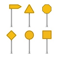 Yellow different road signs on a white background