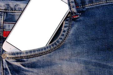 White smartphone in a white screen jeans pocket