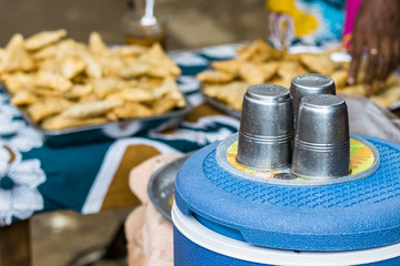 Metallic glasses for ice tea outdoors  in a street store at the commercial centre in Nosy Be, Madagascar