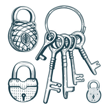 Bunch of vintage keys and padlocks. Locks and keys illustrations set. Old style sketch drawing padlocks and keys bunch collection.