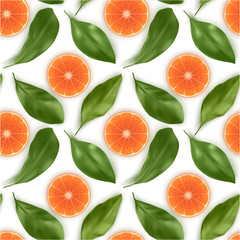 Seamless Endless Pattern with Print of Fresh oranges slices, orange and leaves in realistic style on white background. Can be used in food industry for wallpapers, posters. Vector illustration