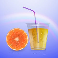 Filled Disposable Plastic Cup. Orange Juice. Transparent. Illustration Isolated On light Background Mock Up Template Ready For Your Design.