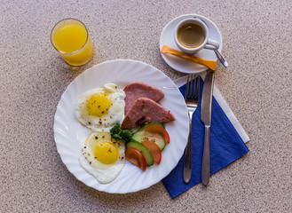 scrambled eggs with vegetables and sausage with coffee