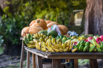 Bananas and green platanos oon a wooden table outdoors on the main street of Praslin, Seychelles - obrazy, fototapety, plakaty