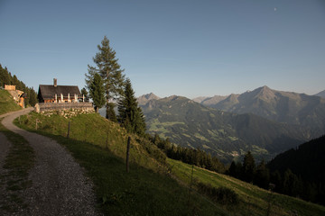 Mountain panorama in the Zillertal in Austria with house and tree