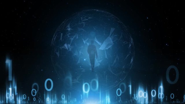Artistic dark blue computer cyberspace network with walking man.