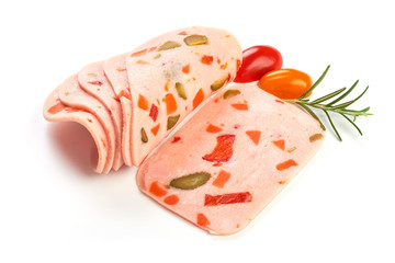 Cooked boiled ham sausage or bologna slices, close-up, isolated on white background