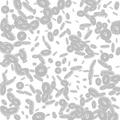 Russian ruble coins falling. Scattered black and w