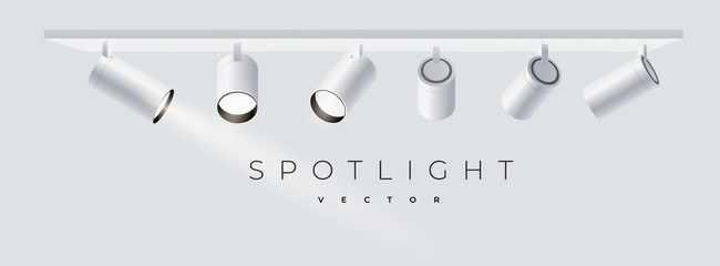 Modern spotlights realistic transparent background for show contest or interview. Minimalistic lamp in grey color. Monochrome. Isolated. vector illustration eps 10