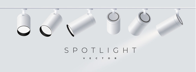 Modern spotlights realistic transparent background for show contest or interview. Minimalistic lamp in grey color. Monochrome. Isolated. vector illustration eps 10