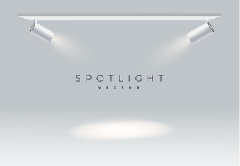 Two spotlights realistic on panel with bright white light shining stage vector set. Illuminated effect form projector, projector for studio. Minimalistic lamp in grey color eps 10