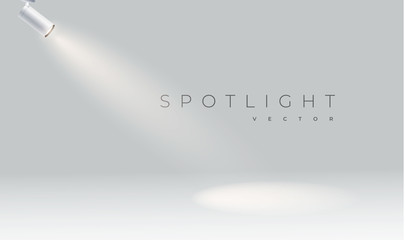 spotlights realistic on panel with bright white light shining stage vector set. For presentation. Illuminated effect form projector, projector for studio. Minimalistic lamp in grey color eps 10