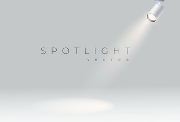 spotlights realistic on panel with bright white light shining stage vector set. For presentation. Illuminated effect form projector, projector for studio. Minimalistic lamp in grey color eps 10