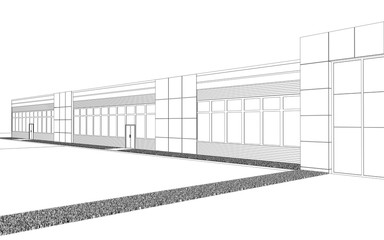 3d render exterior mall, contour visualization, 3D illustration, sketch, outline