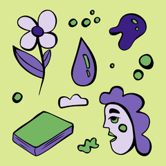 Purple doodle style illustration with abstract symbols - human head, flower, drop, book, cloud, circles. Perfect illustration for coloring book, textile. Surreal art isolated on green background