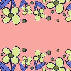 Cartoon style vector doodle illustration of green, purple flower pattern frame. Great design for card, print, poster. Unique and fun drawing isolated on pink background. Botany simple illustration