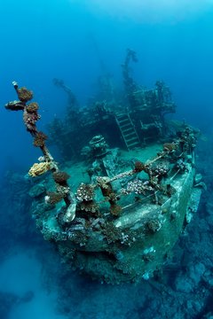 Stern of ship wreck, Russian wreck MS Khanka, former spy ship or communications ship, Zabargad Island, Red Sea, Egypt, Africa