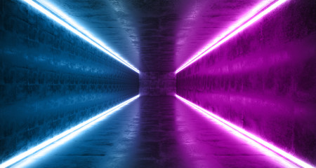 Horizontal Lines Neon Studio Construction Triangle Vibrant Sci Fi Tiled Stage Dance Lights Glowing Blue Purple Reflecting On Grunge Concrete Big White Glowing Lights Dark Hall Background 3D Rendering