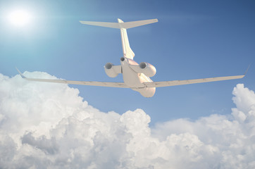  Airplane at flying under sky with clouds 3d render