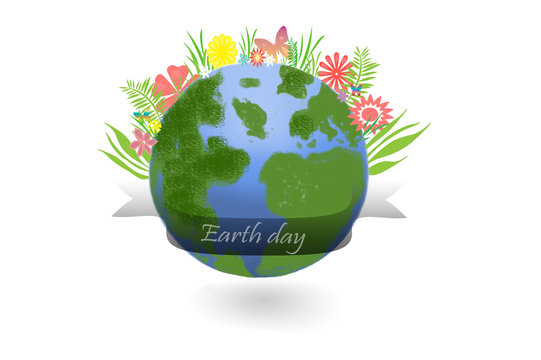 Earth day - earth globe with leaves and flowers on white