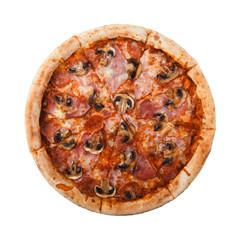 Delicious classic italian Pizza Carbonara with ham, sausages tomatoes, mushrooms and cheese