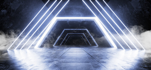 Smoke Fog Sci Fi Fluorescent Futuristic Modern Concrete Grunge Neon Retro Glowing Blue Triangle Construction Shaped Lights Lasers Hologram Tunnel Hall Garage Spaceship 3D Rendering