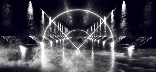 Smoke Fog Sci Fi Fluorescent Futuristic Modern Concrete Grunge Neon Retro Glowing White Triangle Circle Construction Shaped Lights Lasers Hologram Tunnel Hall Garage Spaceship 3D Rendering