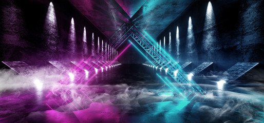 Smoke Fog Sci Fi Futuristic Modern Concrete Grunge Neon Retro Glowing Purple Pink Blue Triangle Construction Shaped Lights Lasers Hologram Tunnel Hall Garage Spaceship 3D Rendering