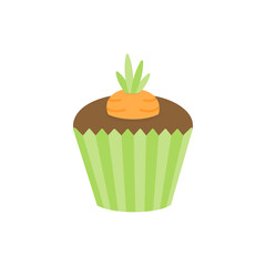 Cute Easter, spring cupcake vector illustration. Chocolate cupcake decorated with carrot. Isolated.