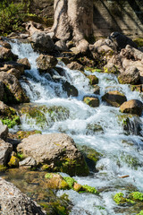 the raging flow of a mountain river like a waterfall in the forest