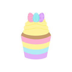 Cute Easter, spring cupcake vector illustration. Cupcake decorated with vanilla frosting and sugar easter eggs. Isolated.