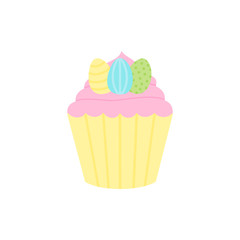Cute Easter, spring cupcake vector illustration. Cupcake decorated with pink frosting and sugar easter eggs. Isolated.