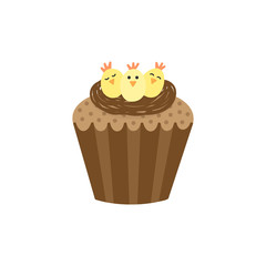 Cute Easter, spring cupcake vector illustration. Vanilla cupcake decorated with nest and little chickens. Isolated.