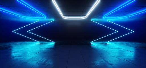 Reflective Room Neon Laser Glowing Blue White Led Lights Arrow Shape Reflecting On Concrete Sci Fi Futuristic Background Empty Hall Garage Alien Spaceship Tunnel 3D Rendering