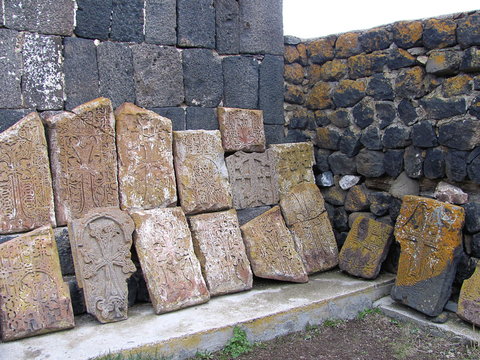Khachkars stone crosses in Sevanavank monastery complex