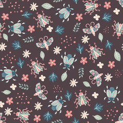 Cut out paper insects and flowers. Vector seamless pattern