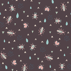 Cut out paper insects and flowers. Vector seamless pattern